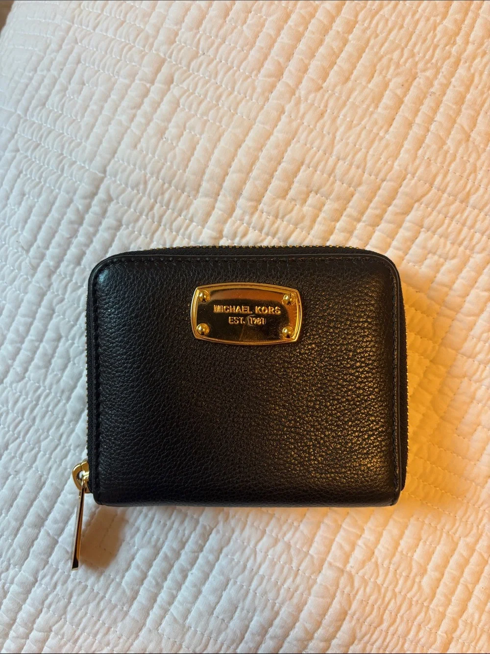 Michael Kors Black Pebbled Leather Zip Card Holder with Gold Plaque